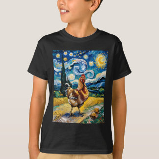 Kyckling Stjärnklar Natt Van Gogh Stil Höns Gård U T Shirt