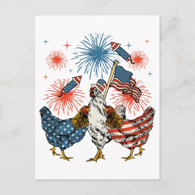 Kyckling USA Flag Patriotisk 4:e Juli Vykort (Framsida)