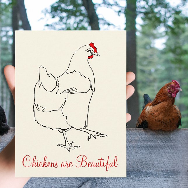 Kycklingar är vackra söta dansande höna ritning vykort (Chickens are beautiful quote with simple hen farm animal line art drawing greetings postcard)