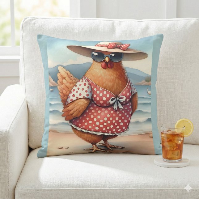 Kycklingar i badkläder vid havet kudde (Chickens in Swimsuits at the Seaside Throw Pillow Mockup A)