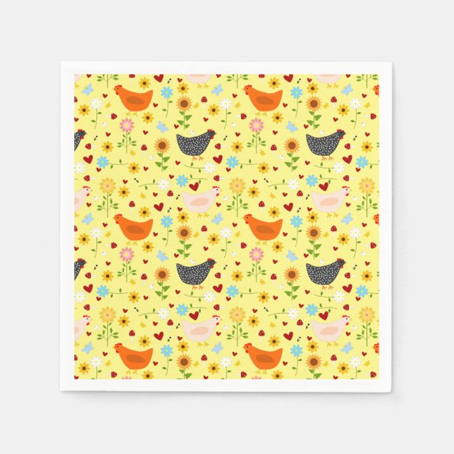 Kycklingar i Garden med blommor och Kryp Pappersservett (Framsidan)