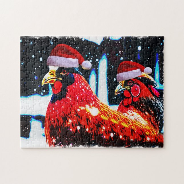 Kycklingar i Santa Hats Winter Art Puzzle Pussel (Horisontell)