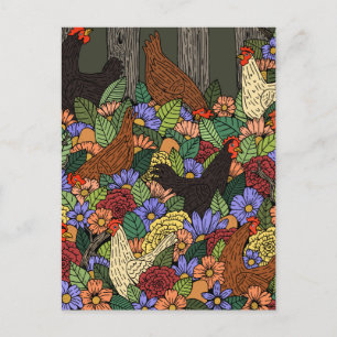 Kycklingar och blommor vykort