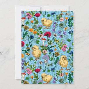 Kycklingar och vilda blommor på baby blue