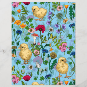 Kycklingar och vilda blommor på baby blue