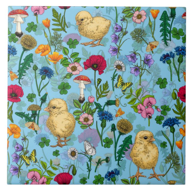 Kycklingar och vilda blommor på baby blue kakelplatta (Framsidan)