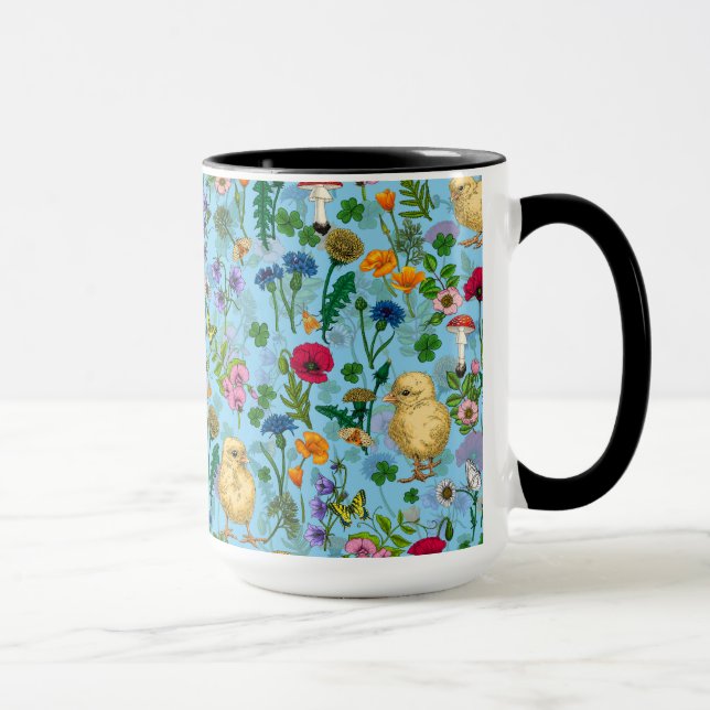 Kycklingar och vilda blommor på baby blue mugg (Höger)