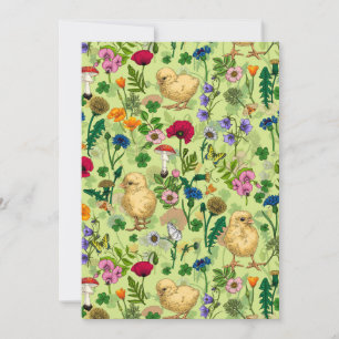Kycklingar och vilda blommor på honungsdagg grönt