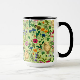 Kycklingar och vilda blommor på honungsdagg grönt mugg
