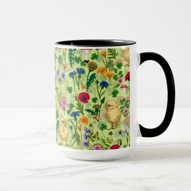 Kycklingar och vilda blommor på honungsdagg grönt mugg (Höger)