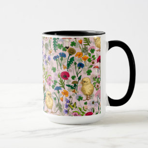 Kycklingar och vilda blommor på rosa av bomullskan mugg