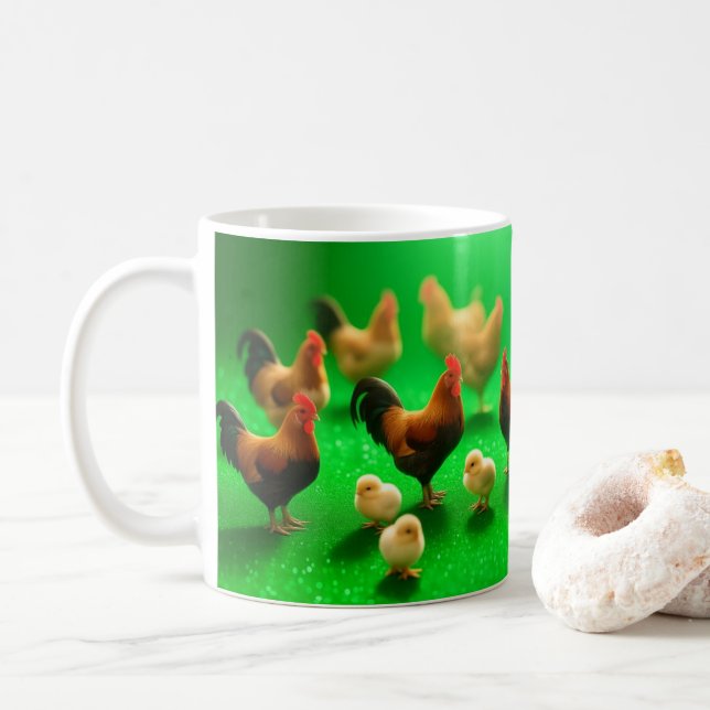 Kycklingar på en grön bakgrund  kaffemugg (Med munk)