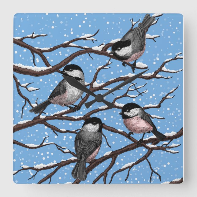 Kycklingar på vintern fyrkantig klocka (Framsida)