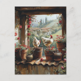 Kycklingar Rostig hink Lerkärl Takpannor Landsbygd Vykort