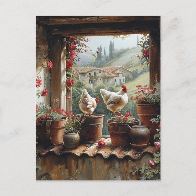 Kycklingar Rostig hink Lerkärl Takpannor Landsbygd Vykort (Framsida)