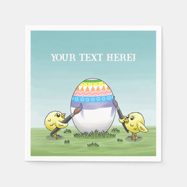 Kycklingarna målar ett färgglatt påskägg pappersservett (Framsidan)