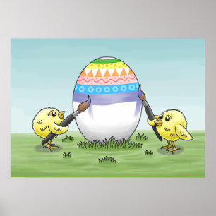 Kycklingarna målar ett påskägg poster
