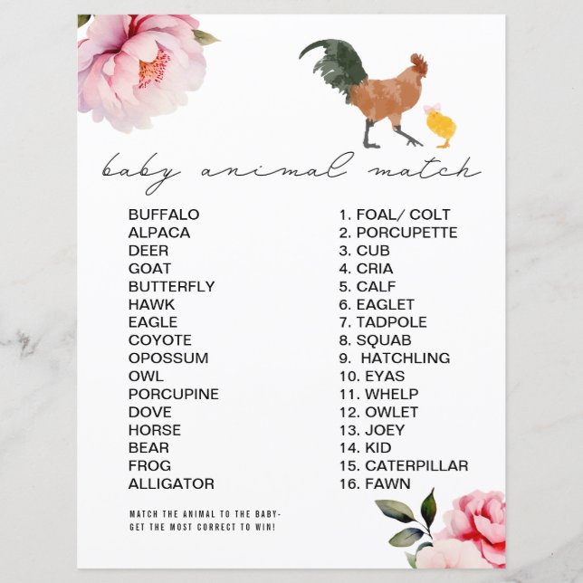 Kycklingens Rosa Blommigt Baby Shower Animal Match (Framsida)