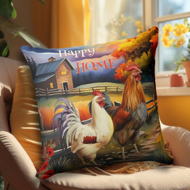 Kycklingfarmor i land Tupp Kudde (Pillow showing a colorful painting of a rooster and chicken in a country scene with a farmhouse)