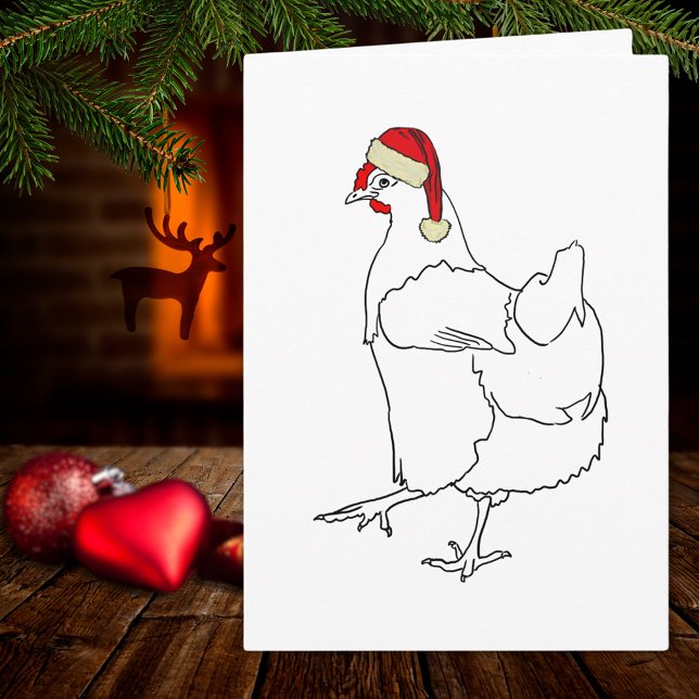 Kycklingsöt hen teckning kort (Cute christmas chicken wearing a santa hat, simple farm hen line art drawing holiday greetings card)