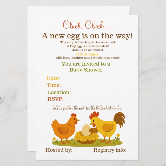 Kycklingtema för babydusch inbjudningar (Fram/baksida)