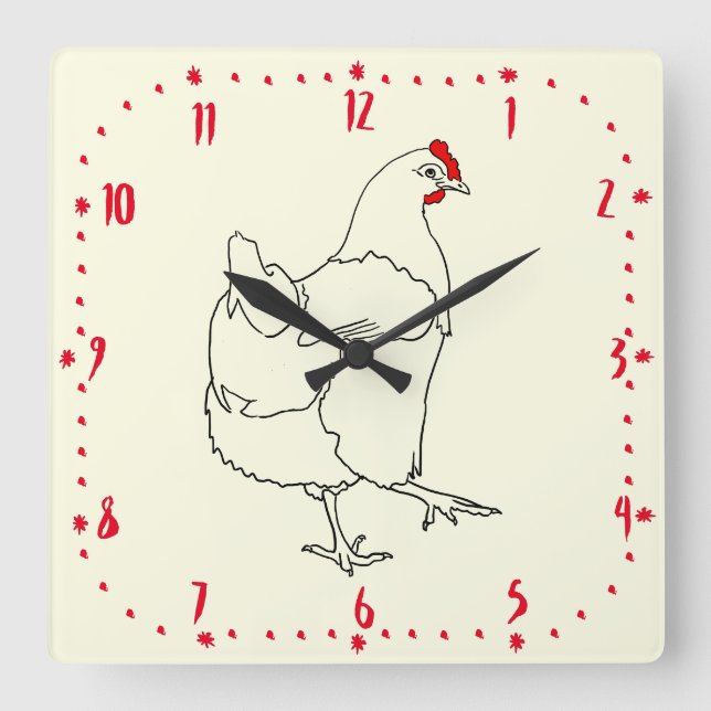 Kycklingtid Tecknad Hen Teckning Farm Animal Art Fyrkantig Klocka (Framsida)