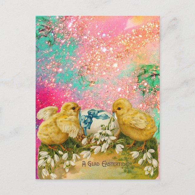 KYCKOR, SKODROPPAR OCH PÅSKÄGG MED BLUE BOW HELG VYKORT (Framsida)