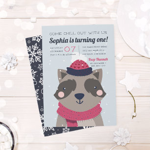 Kyla ut Cute Winter Raccoon Födelsedagsfest Inbjudningar