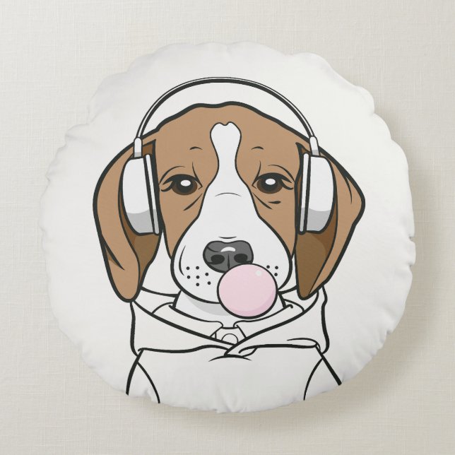 Kylbeagle med Rolig hund Bubblegum Cute Rund Kudde (Framsidan)