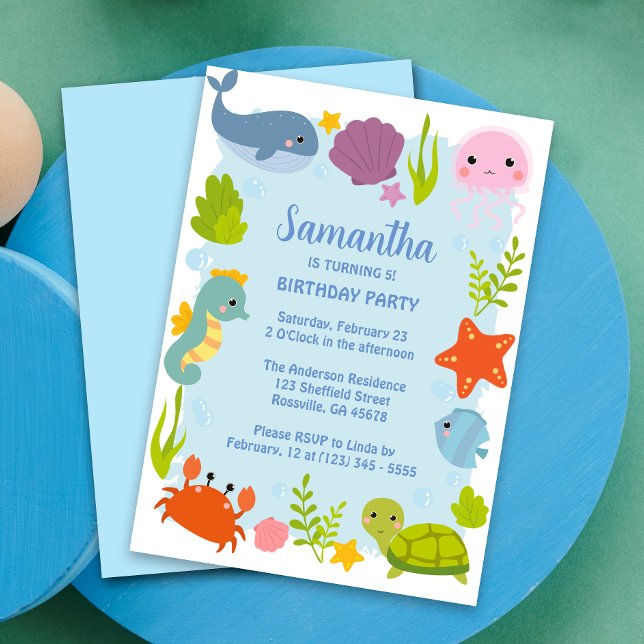 Kylda födelsedag för barn i vattenmiljö inbjudningar (Make your child's party unforgettable with our vibrant aquatic animals birthday card! Dive into fun!)