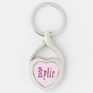"Kylie" Blommig Rosa Kylie Namn, Twisted Heart Silverfärgad Nyckelring