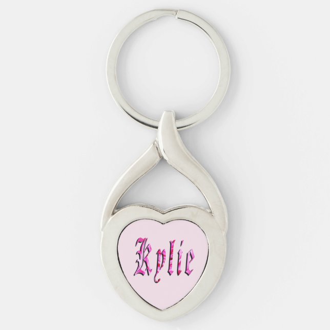 "Kylie" Blommig Rosa Kylie Namn, Twisted Heart Silverfärgad Nyckelring (Framsidan)