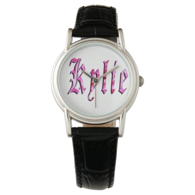Kylie, Namn, Logotyp, Dam Black Leather Watch. Armbandsur (Framsida)