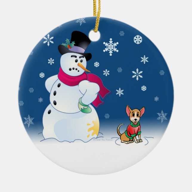 Kylig chihuahua- och snögubbeprydnad julgransprydnad keramik (Framsidan)