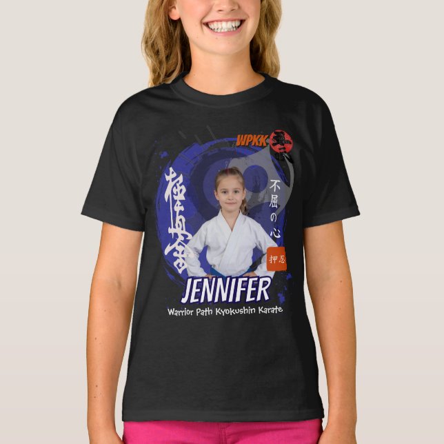 Kyokushin Girl Blue Belt Personalized Team  T Shirt (Framsida)