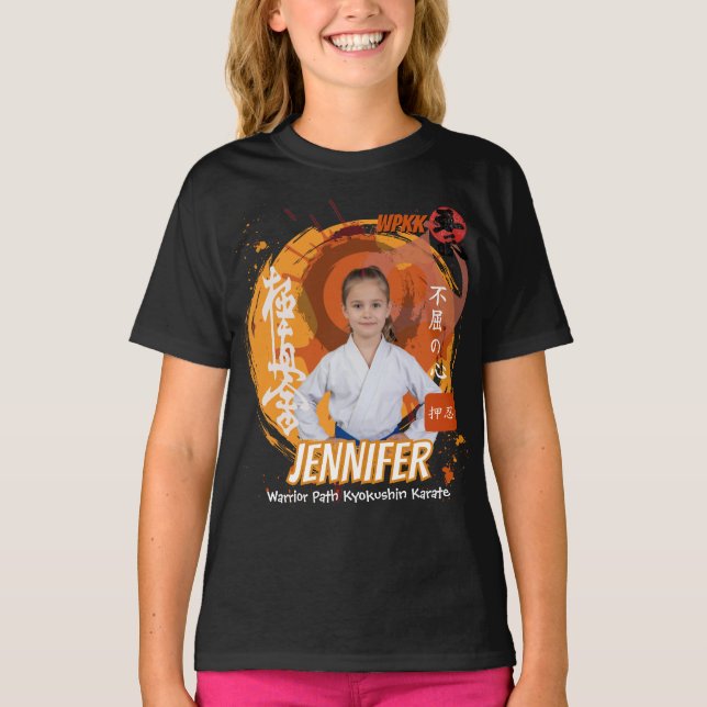 Kyokushin Girl Orange Belt Personalized Team T Shirt (Framsida)