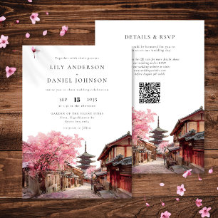 Kyoto Japan Akvarell QR-kod Bröllop Inbjudningar