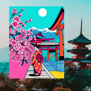Kyoto, Japan Cherry Blommar Temple Art Travel Vykort