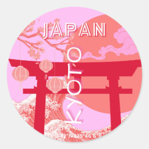 Kyoto Japan Travel Art, Rosa Retro Travel Art Runt Klistermärke