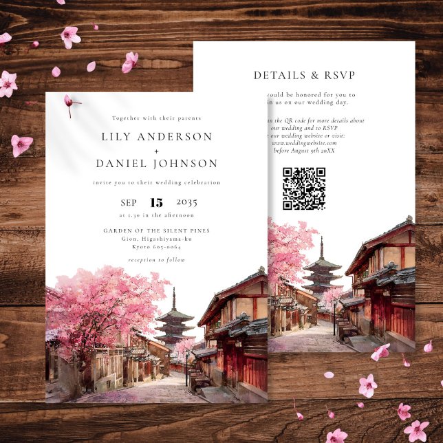 Kyoto Japan Watercolor QR Code Wedding Inbjudningar (Kyoto Japan Watercolor QR Code Wedding Invitation)