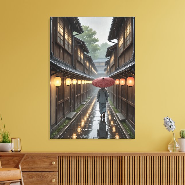 Kyoto Lantern Rain - Ghibli-Inspired Art-utskrift Canvastryck (Insitu (Vardagsrum))
