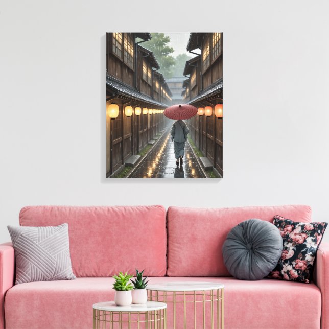 Kyoto Lantern Rain - Ghibli-Inspired Art-utskrift Canvastryck (Insitu (Vardagsrum))