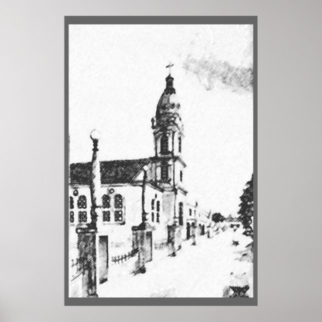 Kyrbild i träkol poster (Framsidan)