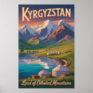 Kyrgyzstan Berg Illustration Resa Konst Vinta Poster