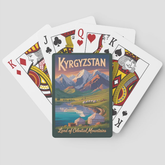 Kyrgyzstan Mountains Illustration Travel Art Vinta Casinokort (Baksidan)