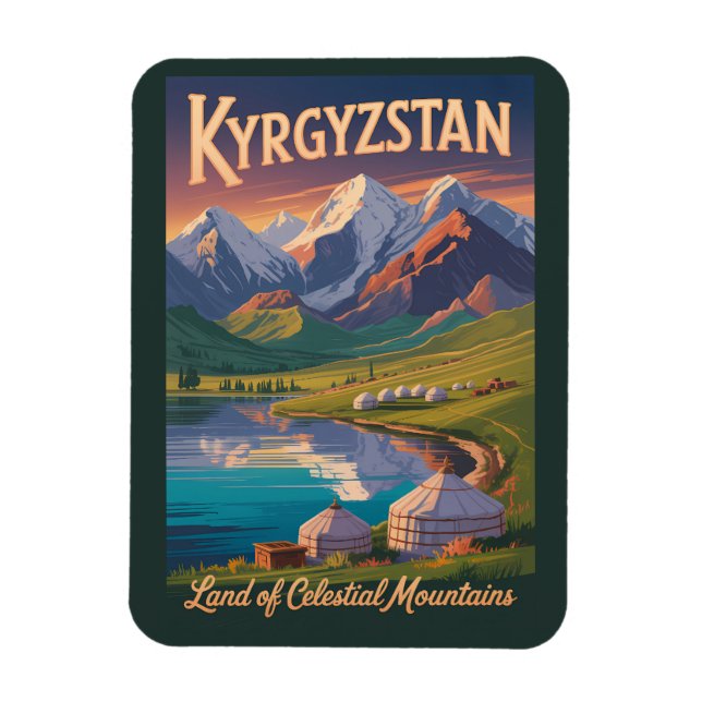 Kyrgyzstan Mountains Illustration Travel Art Vinta Magnet (Vertikal)