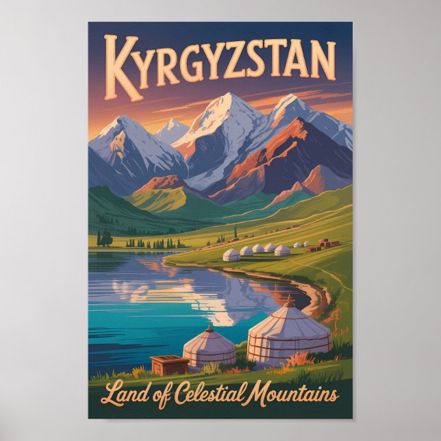 Kyrgyzstan Mountains Illustration Travel Art Vinta Poster (Framsidan)