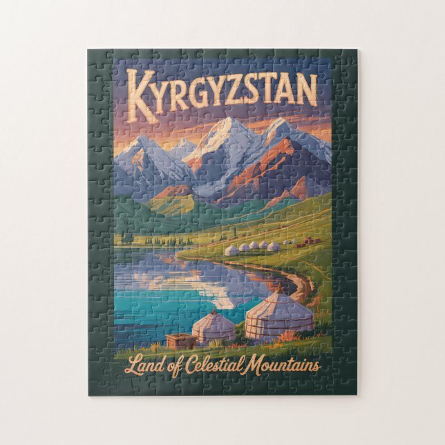 Kyrgyzstan Mountains Illustration Travel Art Vinta Pussel (Vertikal)