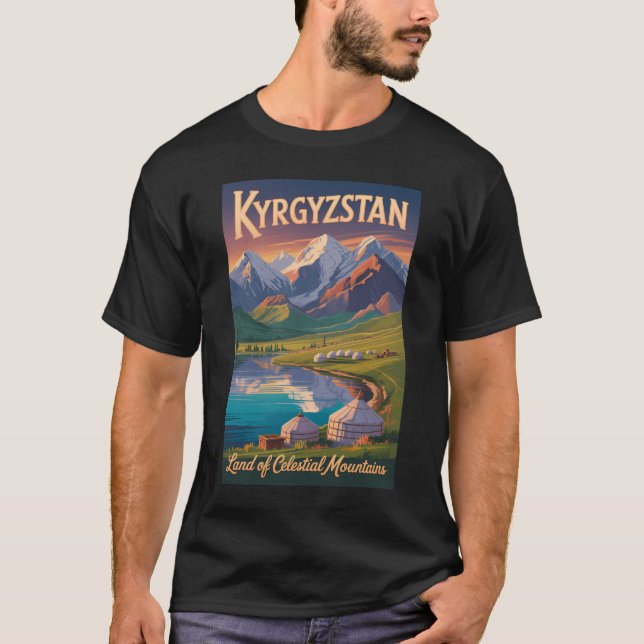 Kyrgyzstan Mountains Illustration Travel Art Vinta T Shirt (Framsida)
