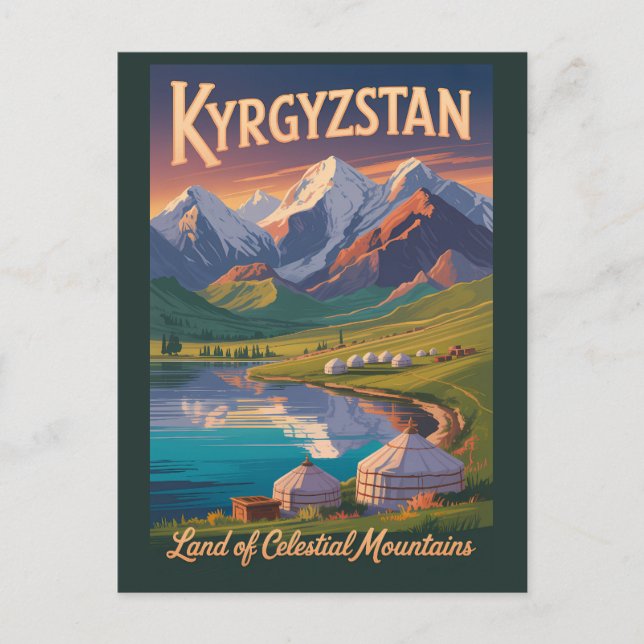 Kyrgyzstan Mountains Illustration Travel Art Vinta Vykort (Framsida)
